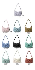 Detailed grid view showing ten color variations of nylon bow knot shoulder tote bags