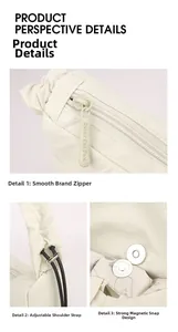 Detail view of the drawstring strap, smooth zipper, and magnetic closure on the beige nylon bag
