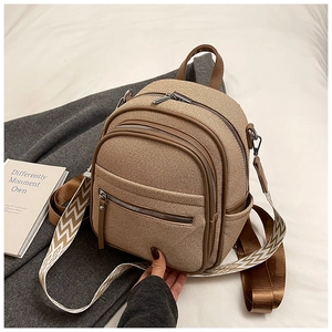 Detailed shot of khaki multi-pocket backpack with textured fabric and wide woven strap