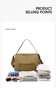Detailed interior of khaki nylon tote bag showing large capacity for tablet and clothes