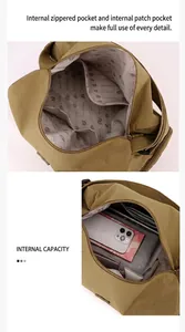 Detail view of khaki nylon travel bag interior with multiple organizational pockets