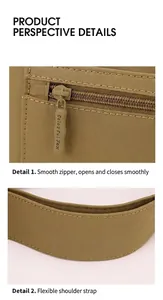 Detail of smooth khaki nylon fabric with branded zipper and reinforced double-stitched strap