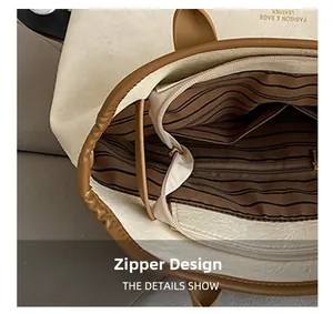 Detail showing tote bag interior with striped lining and secure metal zipper closure