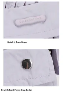 Detail of Colorful Fox logo and metal snap button on lavender purple pleated bag