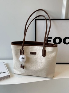 Large Capacity Women Tote Bag PU Leather Embossed Chinese Character Pattern Shoulder Bag With Fuzzy Ball Charm Fashion Purse
