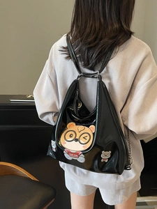 Versatile black patent leather tote bag with cartoon bear patch embroidery for women
