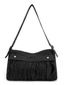 Pleated black hobo bag for women with cat print shoulder strap and silver rivets