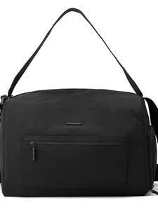 Schwarze Reisetasche aus Nylon mit Reißverschlusstasche vorne und Schultergurt