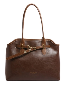 Large capacity dark coffee tote bag in wrinkled oil wax leather with gold buckles