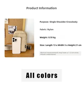 Detail view of nylon crossbody bag with 13x5x21cm size specs and smartphone comparison