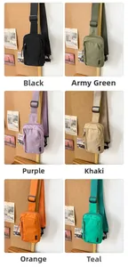 Collage of nylon crossbody bags in black, army green, purple, khaki, orange, and cyan