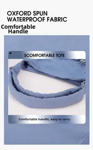 Detail of soft padded handle and waterproof Oxford fabric on blue nylon tote bag