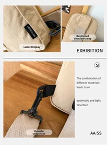Detail of khaki nylon bag showing brand tag, reinforced stitching, and swivel strap hook