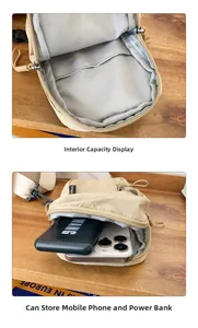 Internal view of khaki nylon crossbody bag showing storage for phone and power bank