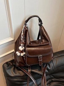 Vintage PU Leather Backpack Women Large Capacity Shoulder Bag Tote Korean Versatile Contrast Stitching Commuter Bag With Puppy Pendant