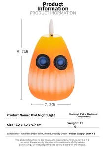 Dimensions détaillées de la veilleuse hibou avec taille 7,2x7,2x9,7cm et caractéristiques