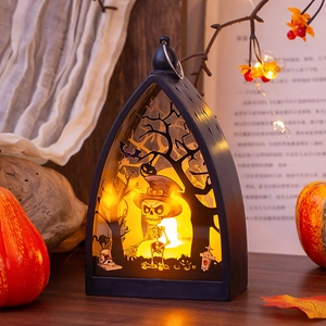 Lanterna gotica di Halloween con scheletri e zucche, decorazione da tavolo a LED caldo