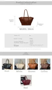 Detailed size specifications and color guide for the large capacity PU leather tote bag