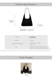 Detailed size specifications of the black canvas hobo bag with dimensions and weight info