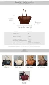Size chart for high-capacity PU tote bag with detailed product measurements and colors