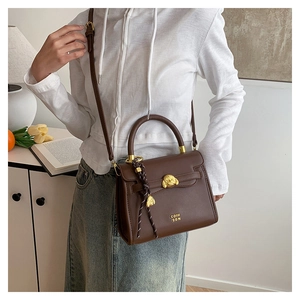 Detail of vintage brown leather crossbody bag with gold dog-head ornament and logo