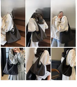 Collage of black canvas tote bag showing various shoulder carrying styles on model