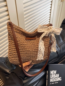 Women Woven Straw Crossbody Bag With Large Lace Bowknot Spacious Beach Summer Bucket Bag Vintage Style Shoulder Bag