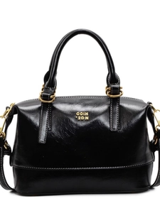 Glossy black leather Boston bag with gold logo and top handles for women
