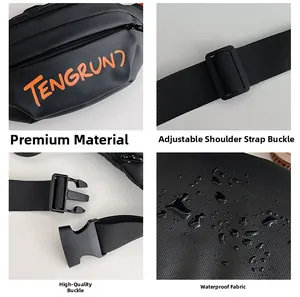 Détails du tissu imperméable et boucle réglable du sac à bandoulière noir sportif
