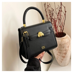 Close-up of litchi texture leather and golden dog-head metal clasp on black handbag