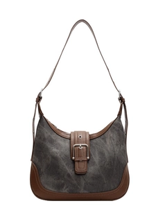 Sac hobo en toile gris foncé avec lanières en cuir marron et boucle métallique