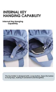Detailansicht der blauen Falten-Cloud-Bag mit internem Schlüsselband und Druckknopfverschluss