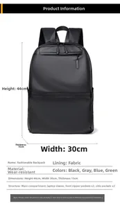 Business backpack size guide showing 44x30x15cm dimensions with multi-pocket layout