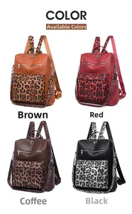 Collage of four stylish backpacks in brown, red, coffee, and black with leopard prints