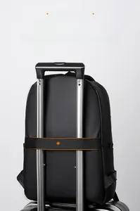 Detail showing back trolley sleeve of the black laptop backpack for easy travel attachment