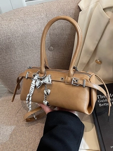 Women Boston Handbag PU Leather Vintage Bowknot Heart Charm Crossbody Bag Small Shoulder Bag Trendy Commuter Purse