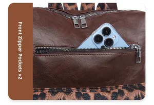 Close-up of dual front zipper pockets on a leopard print backpack for phone storage