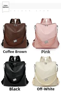 Color display of four vintage PU leather backpacks in brown, pink, black and off-white
