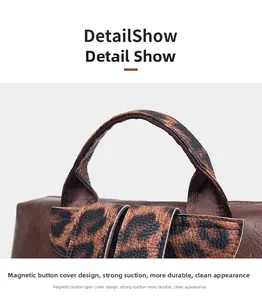 Close-up of leopard print leather flap and strong magnetic buckle on backpack