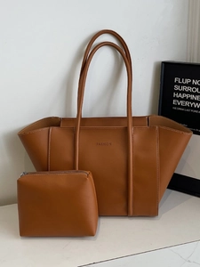 Brown leather large tote bag and pouch set with white contrast stitching and FASHION logo