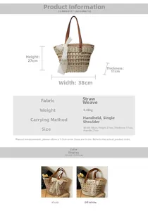 Détail du sac cabas en paille 38x27x11cm avec nœud en dentelle et poignée en cuir chic