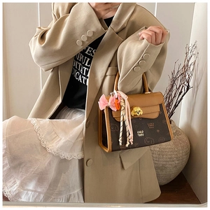 Dettaglio borsa vintage in pelle marrone con chiusura dorata a cane e motivi stampati
