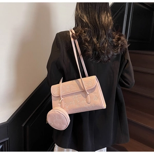 Bolso de hombro rosa y monedero redondo con patrones de cachorros grabados para mujer