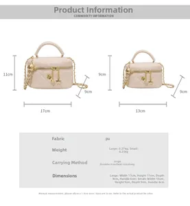Size chart showing large and small quilted mini bags with dimensions and weight specs