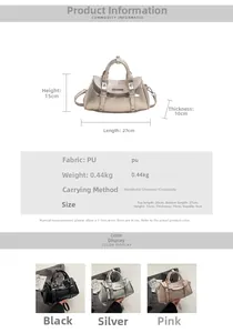Detailed sizing chart and color options for Boston pillow bag with metallic PU finish