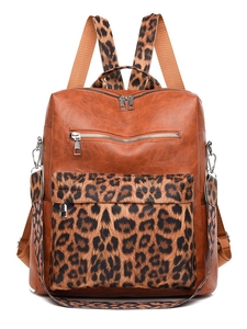 Fashionable leopard print backpack for women with brown PU leather and metal zippers