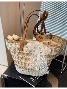 Grand sac cabas en paille tissée avec anses en PU et nœud décoratif en dentelle blanche