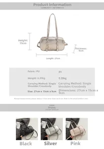 Size guide for retro PU Boston bag showing dimensions 27x15x9cm in black, silver and pink