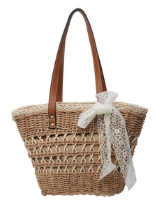 Sac fourre-tout en paille tressée pour femmes avec anses en cuir brun et nœud en dentelle