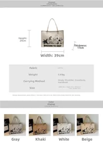 Detaillierte Größentabelle und Spezifikationen für die große Canvas-Tasche mit Katzenmotiv